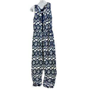 Women's Indulge Navy Blue and Cream Cut Out Back Pantsuit Romper L